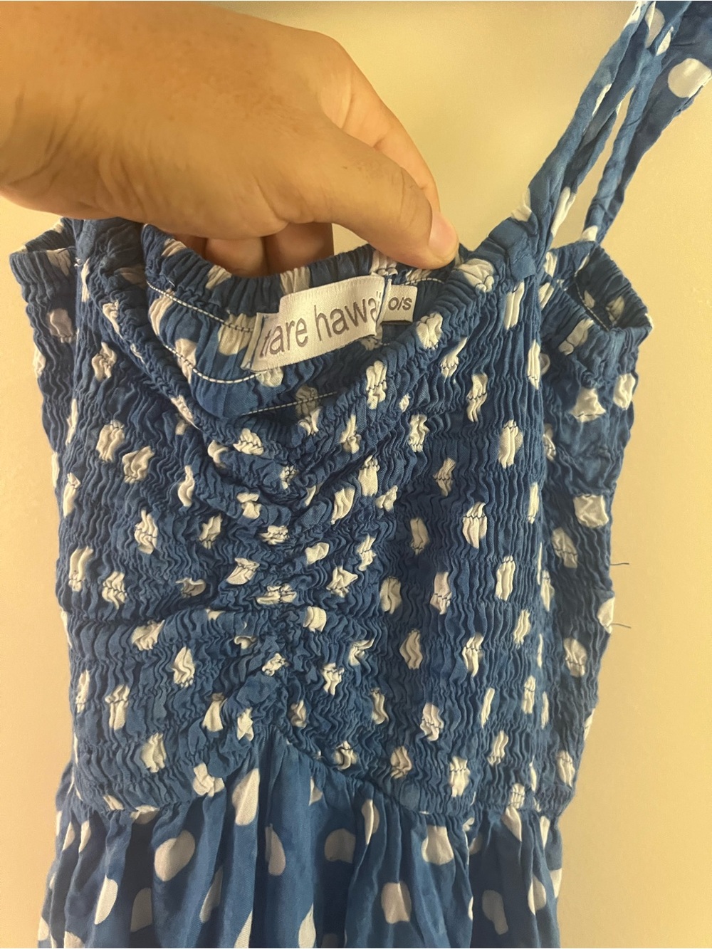 Tiare Hawaii smocked Blue and White Polka Dot Maxi Dress